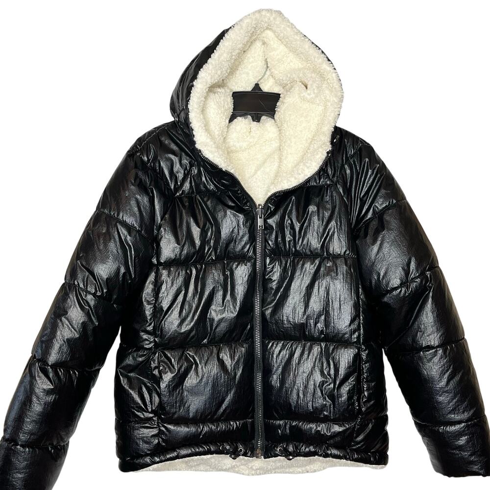 Anthropologie NVLT Black Puffer Jacket Medium Sherpaβ Lined Hooded Glossy Coat